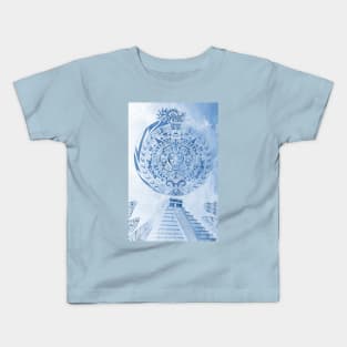 teotihuacan pyramid sunshine in aztec pattern at noon Kids T-Shirt